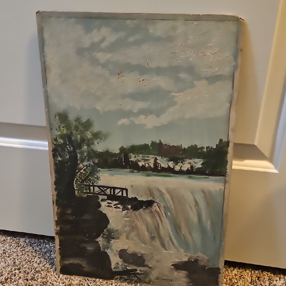 VTG 1908 Scenic Waterfall Oil Painting Of Niagra Falls Signed By Artist L Shood